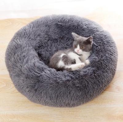 China Travel Faux Fur Cat Bed Round Plush Pet Accessories Fluffy Super Soft Deep Sleep For Winter for sale