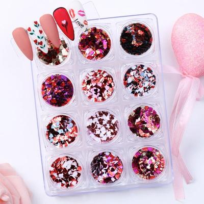 China Extremely Shiny Paso Sico 12 Colors Mixed Love Heart Nail Art Glitter Kit Nail Glitter Powder Glitter Decoration For Nail Art Stickers Decals for sale