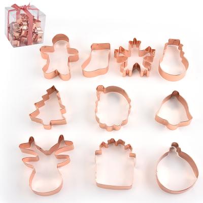 China Sustainable New Design In Stock 10pcs Christmas Cookie Cutter Set Copper Cookie Cutter Mounted Gold Cookie Mold for sale