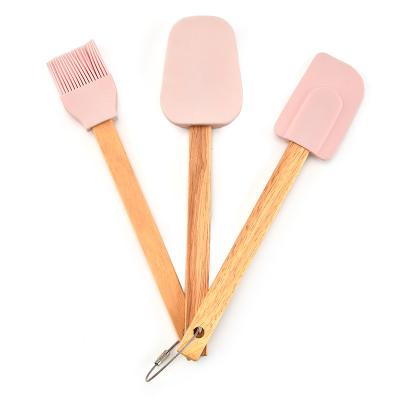 China Low MOQ Sustainable High Quality 3pcs Silicone Spatula With Wooden Handle And Brush Silicone Baking Spatula Set for sale