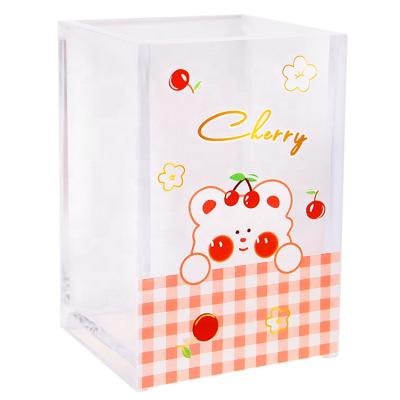 China Central Statistical Institute Cartoon Style Female Student Desktop Stationery Storage Transparent Acrylic Pen Holder Organizer for sale