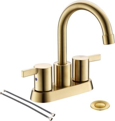 China Thermostatic Faucets Brushed Gold 4 Inch 2 Handle Centerset Lead Free Bathroom Faucet, Swivel Spout with Copper Pop Up Drain and 2 Water Supply Lines for sale