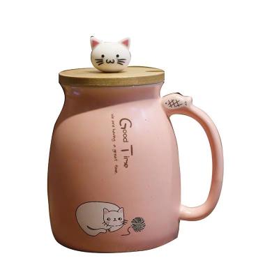 China Viable Hot Sale Milk Mug With Kitten Decoration Bamboo Lid And Spoon Coffee Cup Creative Customization for sale