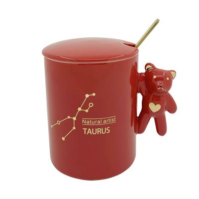 China Lovely Constellation Cup Christmas Gift Creative Ceramic Viable Cute Bear Handle Gold Ceramic Mug With Lid And Spoon for sale