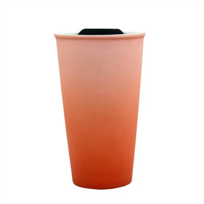 China Viable Creative Ceramic Matte Color Gradient Design Double Wall Cup With PP Lid Insulation Customization Mug for sale