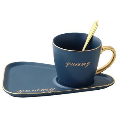 China Durable Creative Ceramic Fashion Decal Office Matte Coffee Cup And Saucer With Real Gold Handle And Spoon for sale