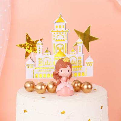 China New original paper cake cartoon fairy tale castle pink atmosphere three-dimensional cutting blue layout card modern snap-in toppers for sale