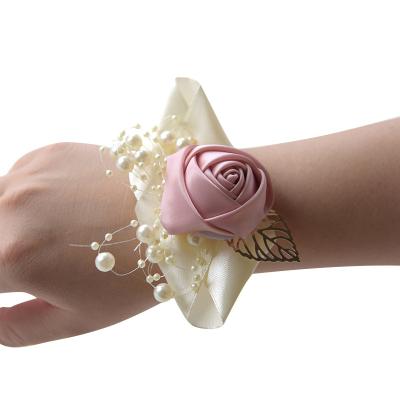 China Decorative Wedding Hand Bouquet Rose Silk Ribbon Bride Wedding Decor Wrist Flower Corsage for sale