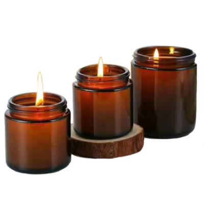 China Factory Price Right Side Amber Color Stocked Candle Glass Jars 100ml150ml250ml With Lids for sale