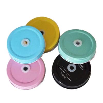 China Non Spill Custom Logo 70mm Metal Mason Jars Lid Screw Cap With Hole For Glass Jars for sale