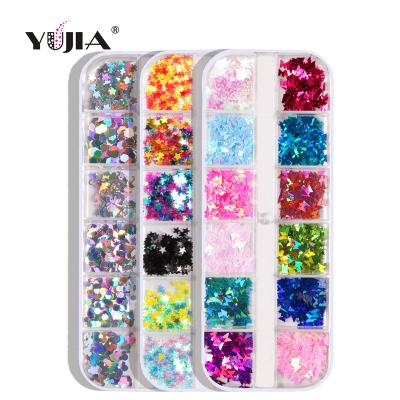 China Nail Art DIY 2022 New 12 Grids Colorful Shiny Nail Heart Holographic Multi Shaped Mixed Butterfly Foil Glitter Sparkle Nail Art Sequins for sale