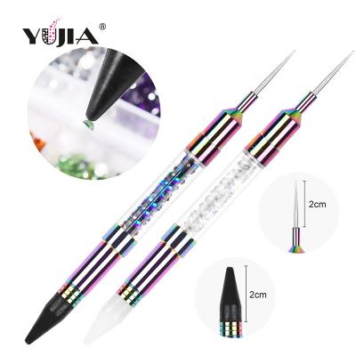 China Hot Fashion NAIL Fashion Symphon Rainbow Two Way Metal Handle Nail Art Used Wax Dotting Brush Pen with Rhinestone Handle for sale