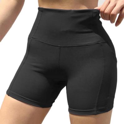 China Anti-Static Women Workout Yoga Shorts With Pockets Running Shorts Black Biker Shorts Women High Waist Tight Gym for sale