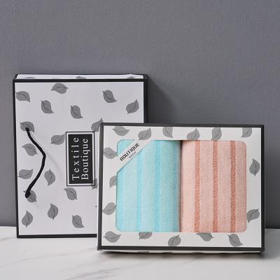 China QUICK DRY Coral Velvet Towel Double Stripe Gift Box Bath Cotton Suit Towel Set for sale