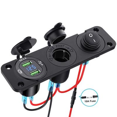 China ABS 12V Cigarette Lighter Socket 3 in 1 Dual QC3.0 USB Waterproof Car Outlet Panel for RV Marine Boat Power Socket Charger Outlet for sale