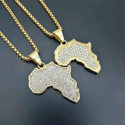 China Jewelry Vintage Punk Fashion Hiphop Retro Iced Out Diamond Zircon Africa Map Stainless Steel Pendant For Men for sale