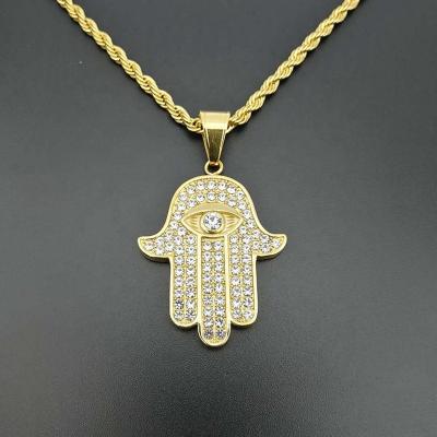 China Fashion Turkish Jewelry Gold Arabic Hand Jewelry Tone Iced Out Crystal Zircon Punk Punk Hamsa Hand Pendant for sale