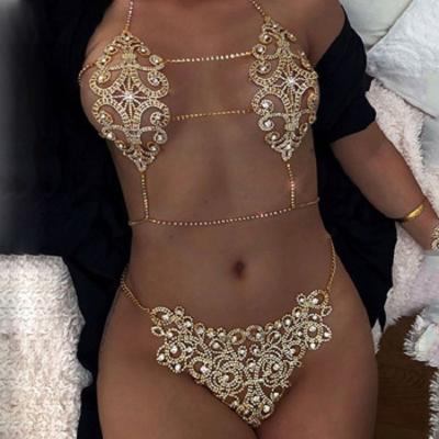 China Sexy Clubwear Jewelry Body Waist Chain Crystal Diamond Chain Top Metal Mesh Halter Strap Romantic Shiny Metallic Party Crop Set For Women for sale