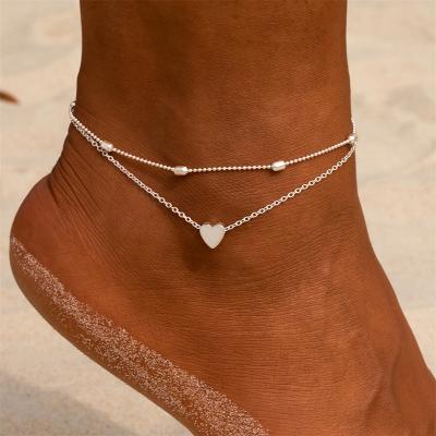 China New Trendy Ins Style Summer Love Heart Shape Double Layer Anklet Beach Alloy Chain Foot Jewelry Pearl Anklet For Women women for sale