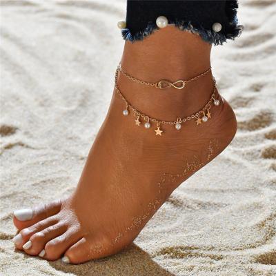 China Double Layer FASHIONABLE Star Tassel Summer Imitation Pearl Crochet Barefoot Sandals Women Foot Jewelry Anklet Bracelet Alloy Chain Anklet for sale