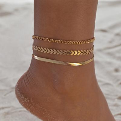 China Summer Trendy Beach Fashion Sandals Ankle Foot Barefoot Accessories Three Layer Snake Chain Link Wheat Shape Anklets For Women for sale