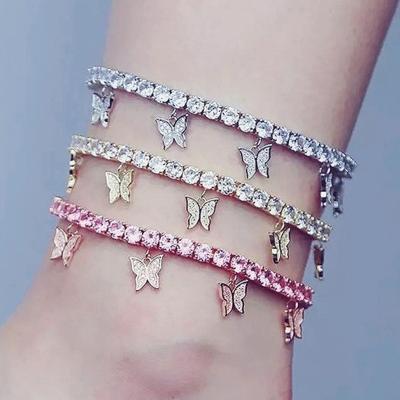 China Gold Filled Zircon Anklet Barefoot Trendy Diamond Butterfly Design Fashion Summer Beach Sandals Anklet Foot Accessories For Women for sale