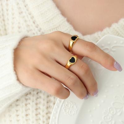 China TRENDY INS Style Vintage Jewelry 18K Gold Plated Chunky Thick Stainless Steel Black Heart Ring For Women for sale