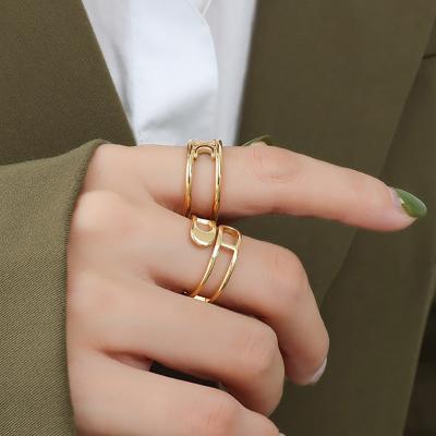 China New TRENDY Popular Hollow HipHop Fashion Jewelry Geometric Gold Plated Stainless Steel Ring For Women for sale