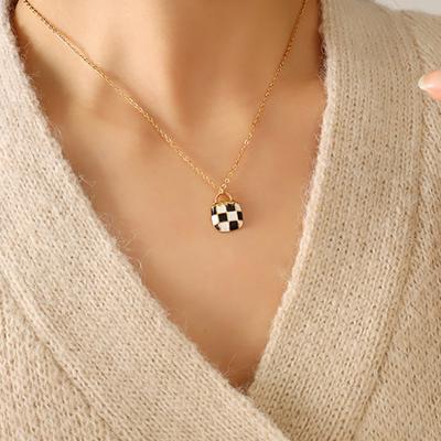 China TRENDY Women Classic Checkerboard Handbag Design 18K Gold Plated Stainless Steel Checkered Pendant Necklace for sale