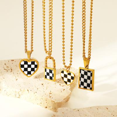 China Cute Custom 14K Stainless Steel Women Heart Lock Plaid Checkered Enamel Chain Pendant Necklace For Girl for sale