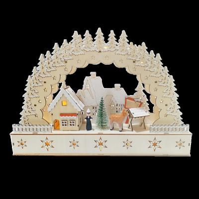 China Luxury Battery Power LED Wood Hollow Out Vintage Village Home Ornaments for sale