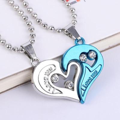 China 2PCS Stainless Steel Romantic Mens Womens Couples Pendant Necklace Love Heart Puzzle Matching Valentine Birthday Gifts for sale