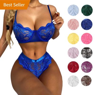 China Healthy Hot Transparent 16 Color Underwire Women Push Up Bra Thong 2 Pieces Lace Lingerie Set Blue for sale