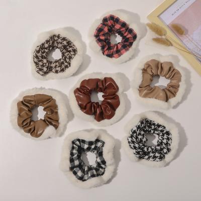 China New Fashion Autumn Pu Leather Scrunchie Plaid Hair Band Plush Edge Scrunchie for sale