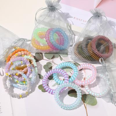 China 5Pcs Fashionable Candy Color Elastic Phone Hair Scrunchies Coiled Hair Ties Wire Phone Hair Ties Set for sale