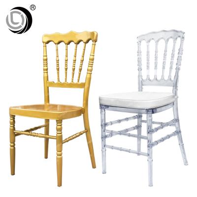 China Hotel Chair Hot Sale Clear Transparent Plastic Resin Napoleon Chair Metal Chiavari Chair For Wedding for sale