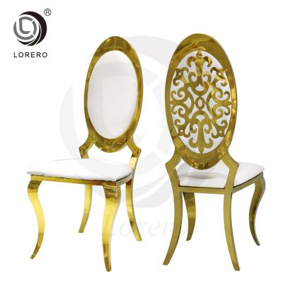 China New Design Adjustable Luxury Gold Leather Oval Cushion Stainless Steel Back (Height) Wedding Dining Chair for sale