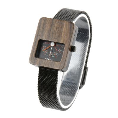 China Non-Specific Square Metal Watch Design Metal Watch Case Stainless Steel Wooden Mesh Strap Unique Wood Watch for sale