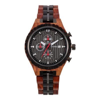 China Custom Auto Date Chronograph Mens Watches Brand Your Own Logo Ebony Red Sandalwood Wood Watch For Men for sale