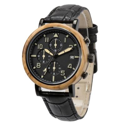 China Custom Quartz Wrist Watch Leather Strap Man Chronograph Water Resistant Quartz Wooden Case With Steel Watch for sale