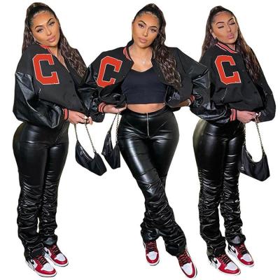 China Reversible Cotton Poly Baseball Fall Jackets Leather Patchwork Puff Sleeve Streetwear Jackets for Ladies Woman Bomber Jacket and Coat for sale