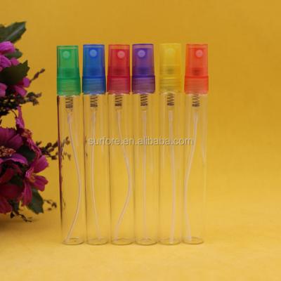 China Colorful Empty Personal Care 10ml Glass Tube Test Bottles Slim Tube Bottles Plastic Spray for sale