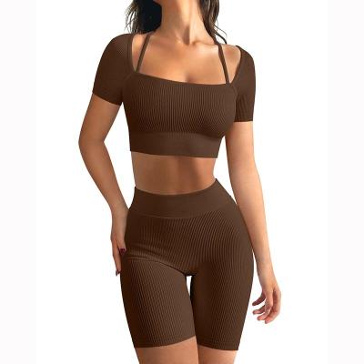 China Sportswear Breathable Bandage Short Sleeve Ribbed Fitness Yoga Wear Seamless Women for sale