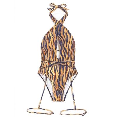 China OEM Breathable Custom Leopard Hollow Out Women Halter Neck Swimwear One Piece Beachwear for sale