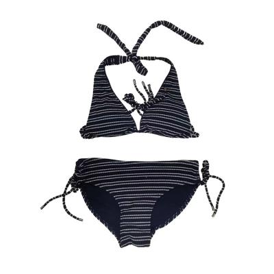 China Windproof OEM Customized Yarn-dye Bar High-waisted Chic Halter Neck Triangle Bikini Swimwear for sale