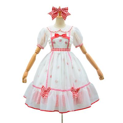 China Polyester Sweet Cute Girls Short Sheath Strawberry Printed Bow Design Original Lolita Daily OP Dress For Women for sale