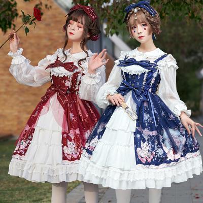 China Red And Blue Printed Retro Polyester Candy Fox Lovely Lolita Women Daily Dress JSK Elegant Bow Costume For Women for sale