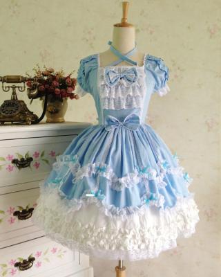 China Women Washable Blue And White Short Sleeves Bow Cotton Gothic Lolita Dress JSK Cosplay Costume For Girls for sale