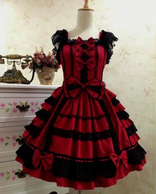 China Classic Red Lolita Dress Women Cosplay Costume Cotton JSK Layered Dress Washable For Girl S-2XL 10 Colors for sale