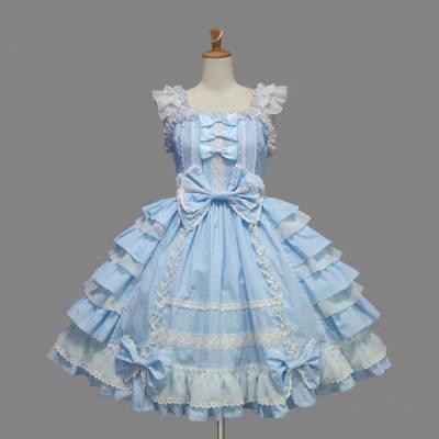 China Washable Women Cotton Shorts Blue Sleeves Bow Lolita Dress Sweet Ruffled JSK Lolita Cosplay Costume For Girls S-XXL for sale